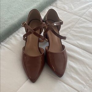 Patent Brown Pointed-Toe Cross-Strap Heels